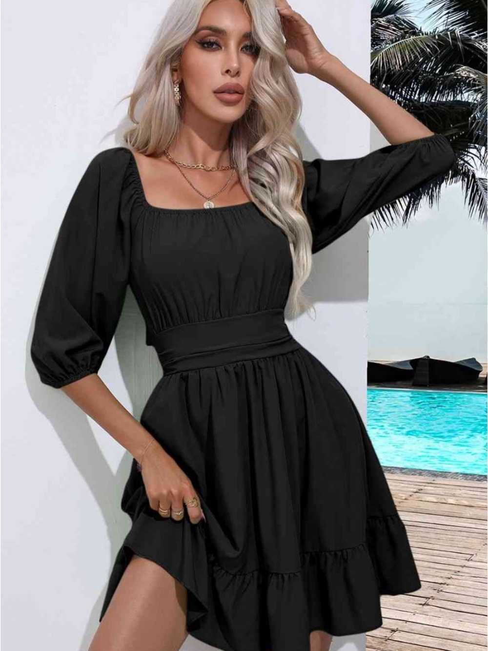 Buckle Black Square-Neck Midi Dress with Puff Sleeves
